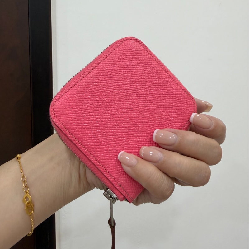 HERMES 愛馬仕 杜鵑粉色 rose azalee Epsom牛皮 拉鍊 Silk In 絲巾 零錢包 短夾-0