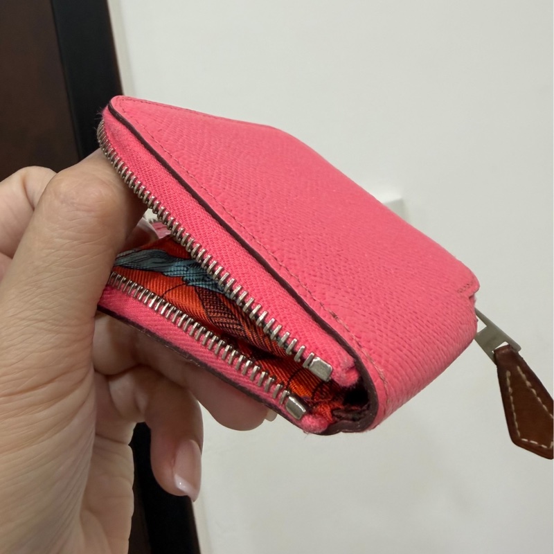 HERMES 愛馬仕 杜鵑粉色 rose azalee Epsom牛皮 拉鍊 Silk In 絲巾 零錢包 短夾-5
