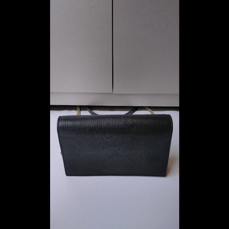 Gucci 金鍊黑皮革GG 釦斜背小包WOC-4