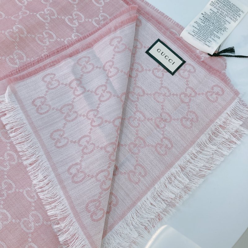 MS0555 Gucci 古馳 羊毛 圍巾 披肩 經典老花紋 淡粉色  Frayed Wool Jacquard Scarf 70 x 195cm Pink-4