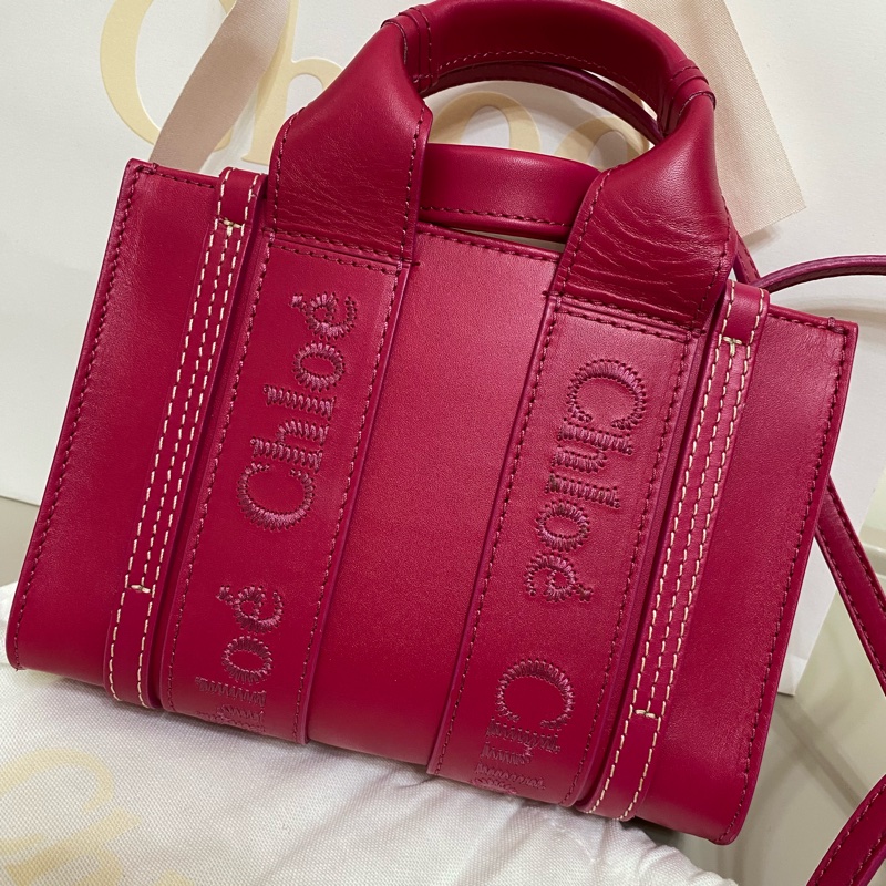 Chloe經典WOODY系列牛皮手提斜背MINI托特包（桃紅）-2