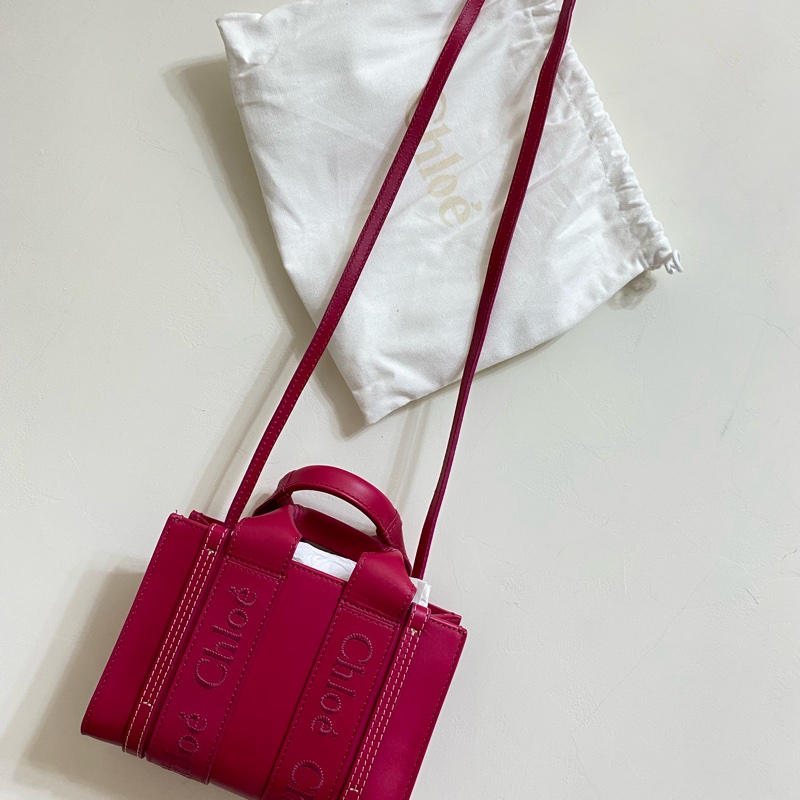Chloe經典WOODY系列牛皮手提斜背MINI托特包（桃紅）-3