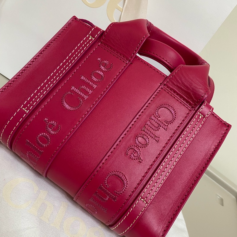 Chloe經典WOODY系列牛皮手提斜背MINI托特包（桃紅）-5