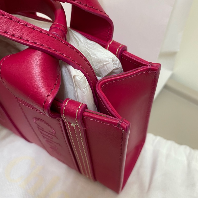 Chloe經典WOODY系列牛皮手提斜背MINI托特包（桃紅）-9