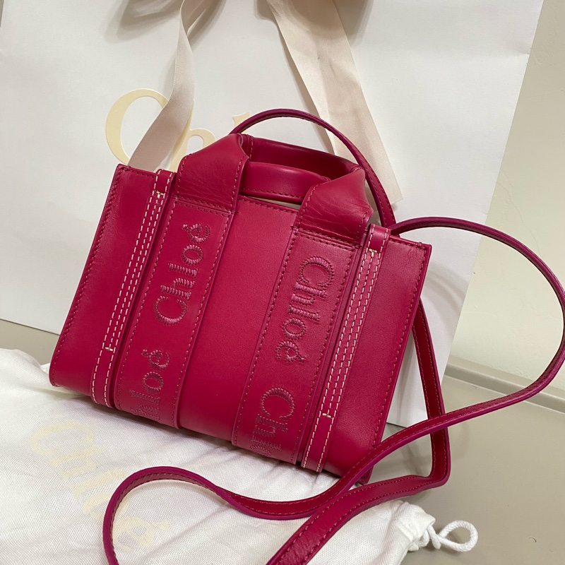 Chloe經典WOODY系列牛皮手提斜背MINI托特包（桃紅）-25