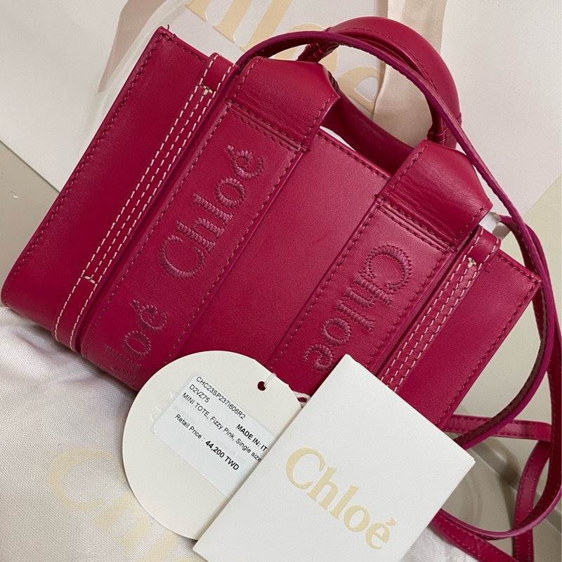 Chloe經典WOODY系列牛皮手提斜背MINI托特包（桃紅）-26