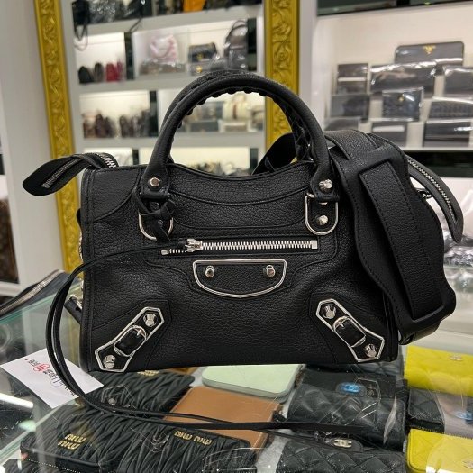 東區正精品㊣BALENCIAGA Mini City 390160 黑色山羊皮銀框小銀釦斜背包手提包機車包 RA1855-0