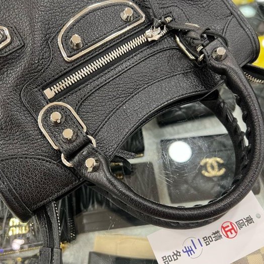 東區正精品㊣BALENCIAGA Mini City 390160 黑色山羊皮銀框小銀釦斜背包手提包機車包 RA1855-4