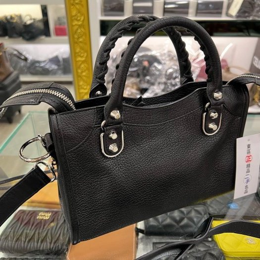 東區正精品㊣BALENCIAGA Mini City 390160 黑色山羊皮銀框小銀釦斜背包手提包機車包 RA1855-8
