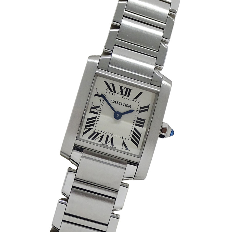 卡地亞 Tank Française 女士腕錶，SM 石英機芯，QZ 不鏽鋼錶殼，型號 W51008Q3，銀色/象牙色錶盤，拋光處理-0