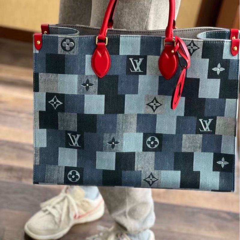 極新少用熱賣LV經典牛仔丹寧皮革拼布拼接On the go 雙面托特包-0