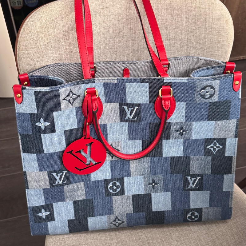 極新少用熱賣LV經典牛仔丹寧皮革拼布拼接On the go 雙面托特包-2