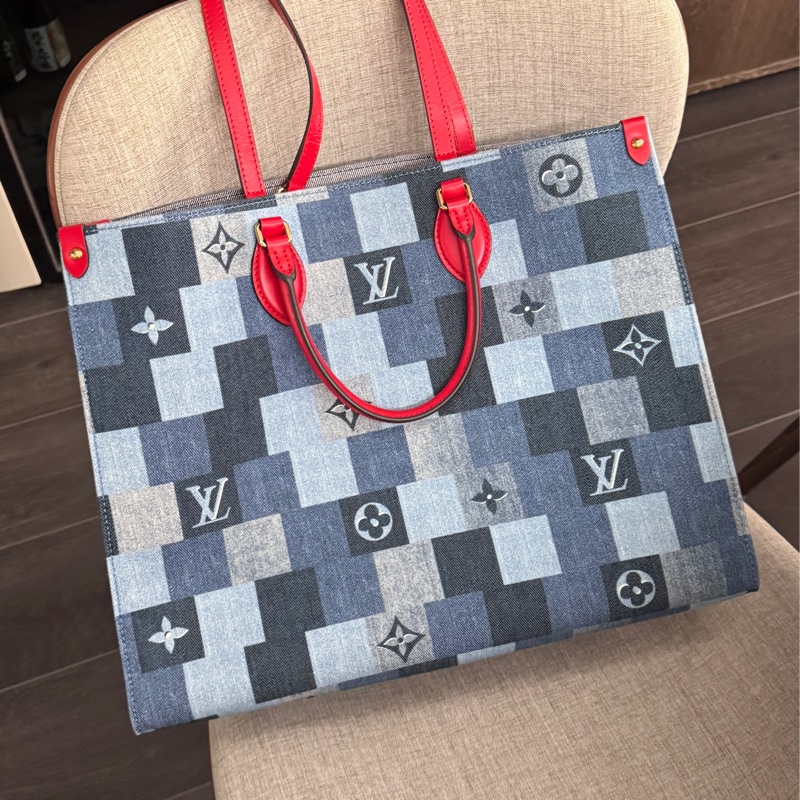 極新少用熱賣LV經典牛仔丹寧皮革拼布拼接On the go 雙面托特包-6