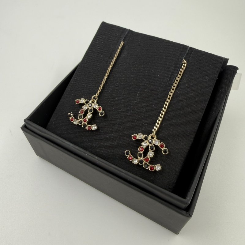 CHANEL - 金色三色拼鑽雙C垂墜式耳環-0