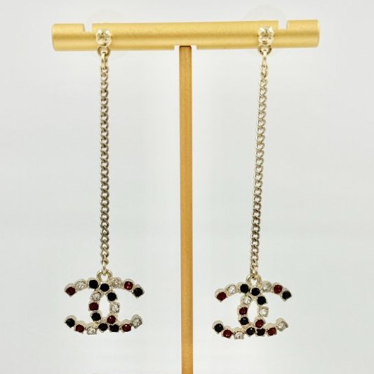 CHANEL - 金色三色拼鑽雙C垂墜式耳環-1