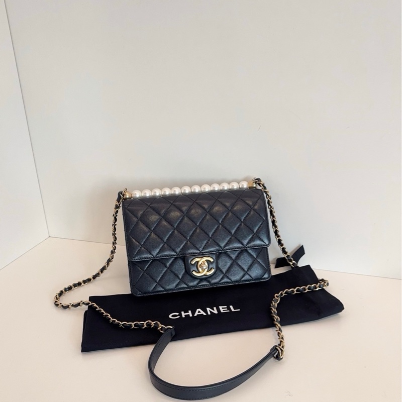 Chanel 香奈兒 經典 黑金橫版 Flap Bag CF 珍珠菱格紋 鏈條包-0