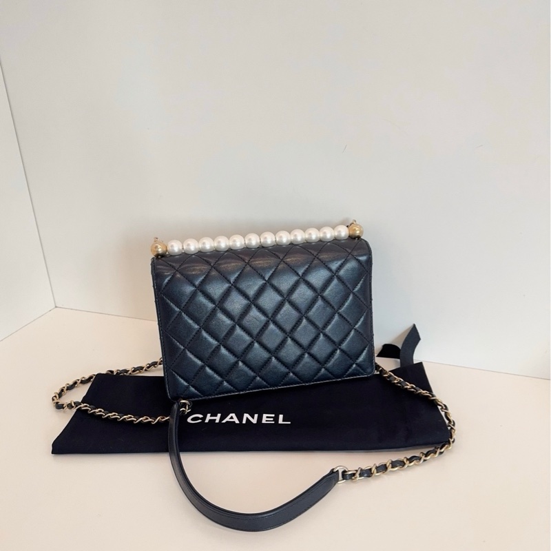 Chanel 香奈兒 經典 黑金橫版 Flap Bag CF 珍珠菱格紋 鏈條包-1