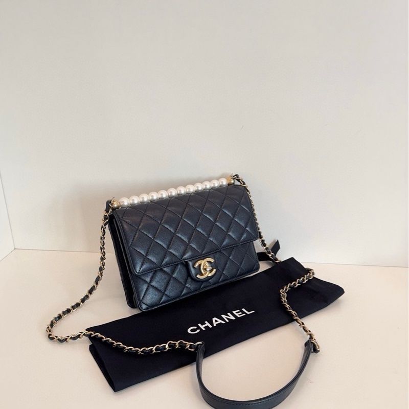 Chanel 香奈兒 經典 黑金橫版 Flap Bag CF 珍珠菱格紋 鏈條包-2