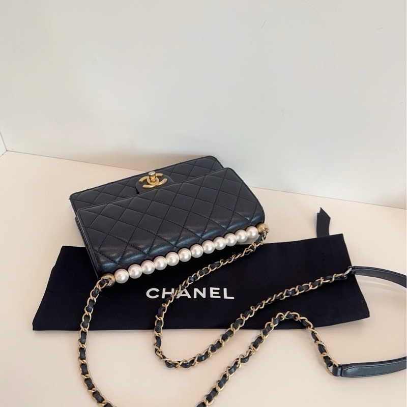 Chanel 香奈兒 經典 黑金橫版 Flap Bag CF 珍珠菱格紋 鏈條包-3