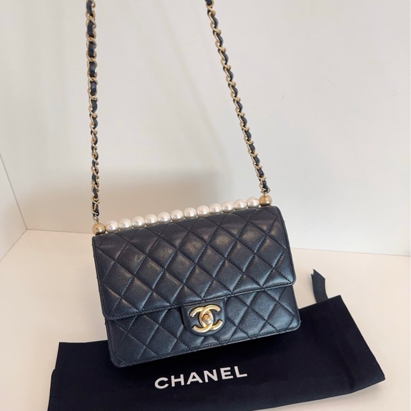 Chanel 香奈兒 經典 黑金橫版 Flap Bag CF 珍珠菱格紋 鏈條包-6