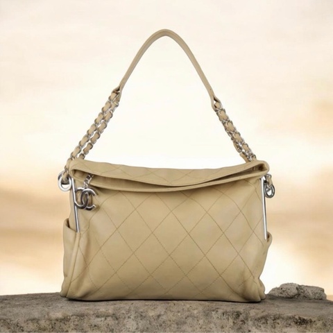 「JL精品代購」 98新 CHANEL 奶茶色雙鏈外縫線hobo