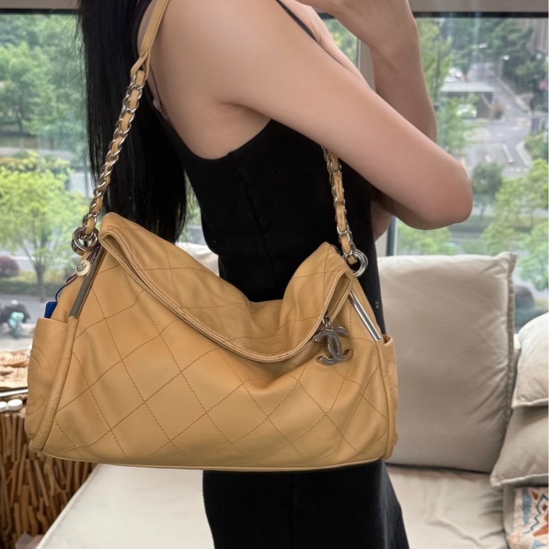 「JL精品代購」 98新 CHANEL 奶茶色雙鏈外縫線hobo-1