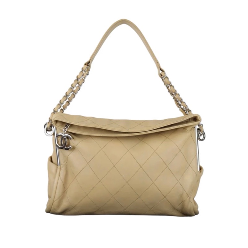 「JL精品代購」 98新 CHANEL 奶茶色雙鏈外縫線hobo-2