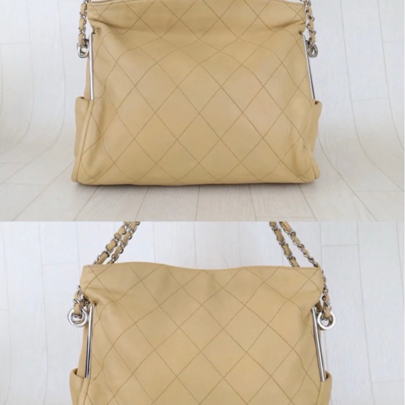 「JL精品代購」 98新 CHANEL 奶茶色雙鏈外縫線hobo-4