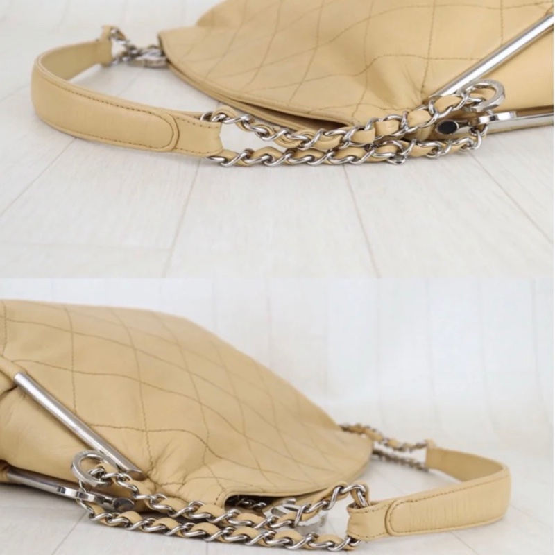 「JL精品代購」 98新 CHANEL 奶茶色雙鏈外縫線hobo-8