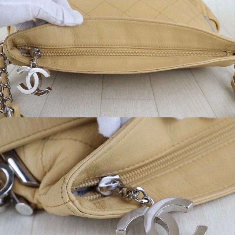 「JL精品代購」 98新 CHANEL 奶茶色雙鏈外縫線hobo-9