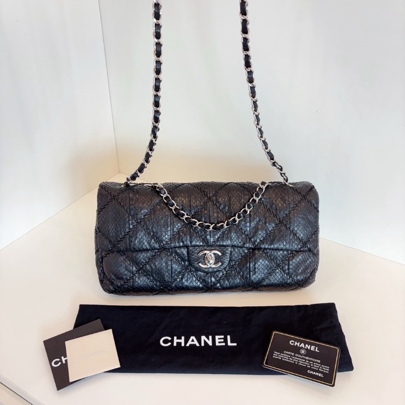 Chanel 黑銀蛇皮法棍CF 鏈條包 30*16*6  98新配件塵袋保卡-5