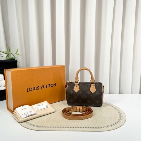 zzz LV路易威登  Speedy Nano 經典老花可拆卸可調節肩帶 棕色帆布塗層拼牛皮飾邊 枕頭包單肩斜挎手提包