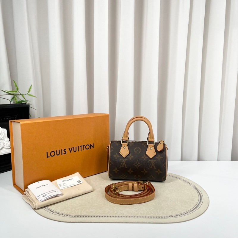 zzz LV路易威登  Speedy Nano 經典老花可拆卸可調節肩帶 棕色帆布塗層拼牛皮飾邊 枕頭包單肩斜挎手提包-1