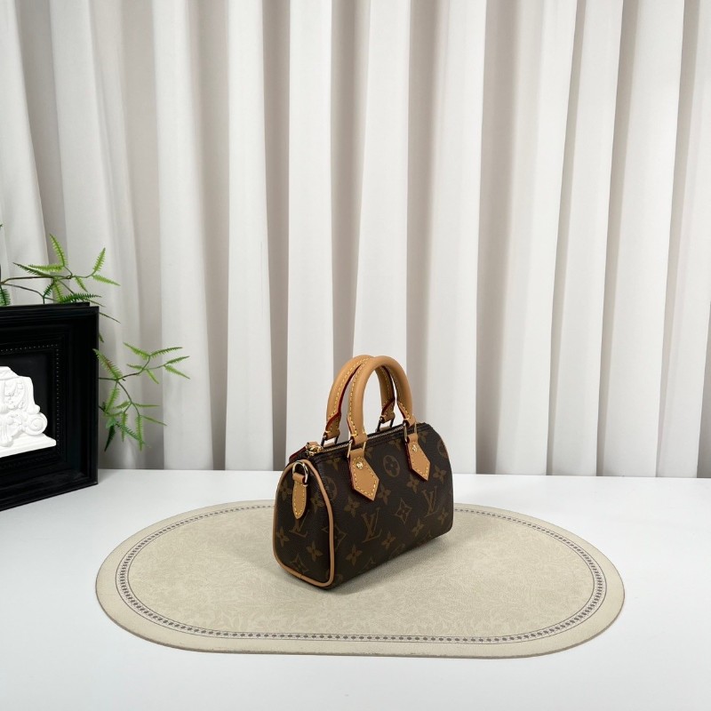 zzz LV路易威登  Speedy Nano 經典老花可拆卸可調節肩帶 棕色帆布塗層拼牛皮飾邊 枕頭包單肩斜挎手提包-2