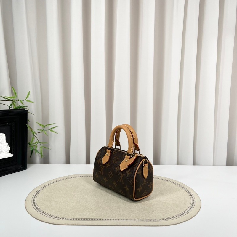 zzz LV路易威登  Speedy Nano 經典老花可拆卸可調節肩帶 棕色帆布塗層拼牛皮飾邊 枕頭包單肩斜挎手提包-3