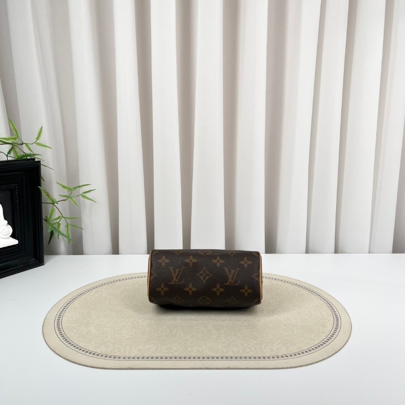 zzz LV路易威登  Speedy Nano 經典老花可拆卸可調節肩帶 棕色帆布塗層拼牛皮飾邊 枕頭包單肩斜挎手提包-4