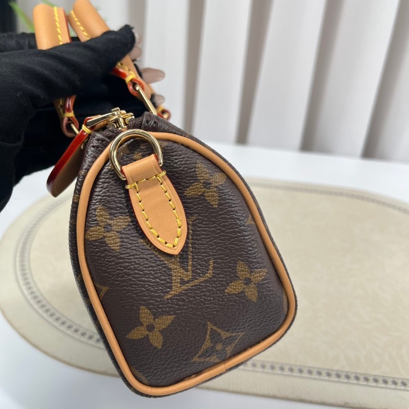 zzz LV路易威登  Speedy Nano 經典老花可拆卸可調節肩帶 棕色帆布塗層拼牛皮飾邊 枕頭包單肩斜挎手提包-10