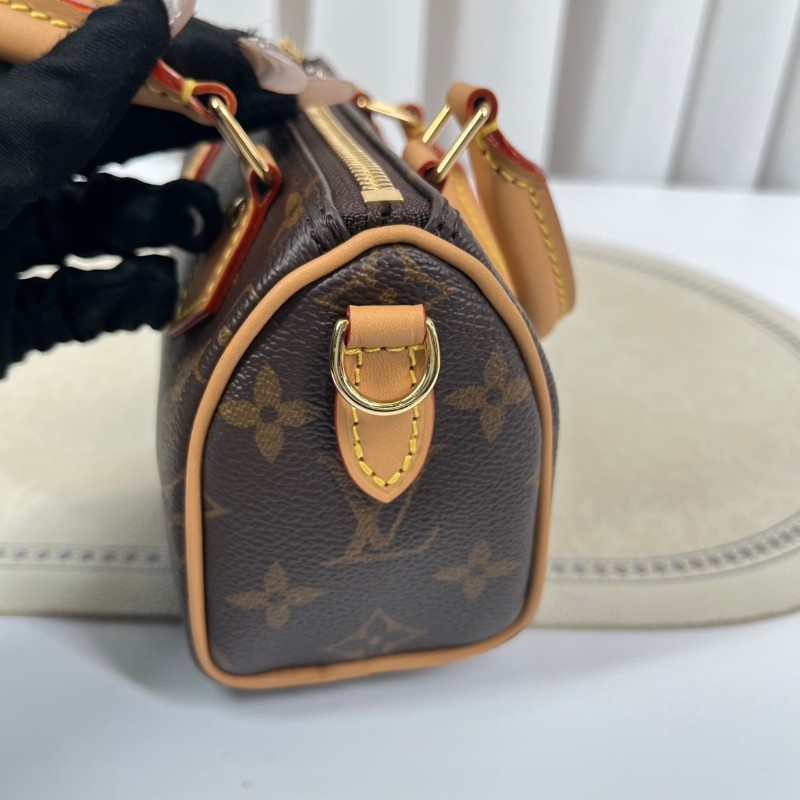 zzz LV路易威登  Speedy Nano 經典老花可拆卸可調節肩帶 棕色帆布塗層拼牛皮飾邊 枕頭包單肩斜挎手提包-11