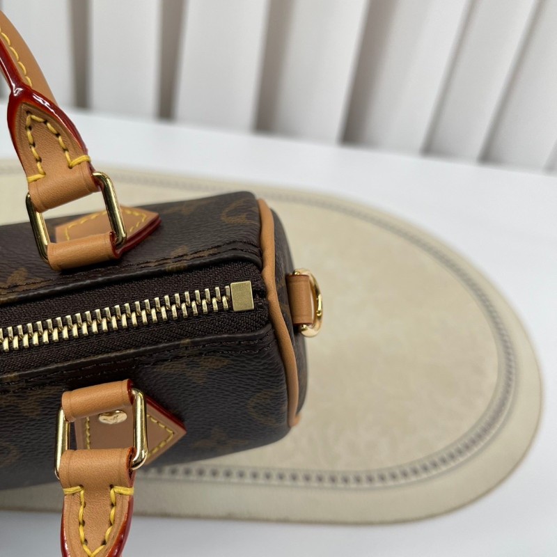 zzz LV路易威登  Speedy Nano 經典老花可拆卸可調節肩帶 棕色帆布塗層拼牛皮飾邊 枕頭包單肩斜挎手提包-17
