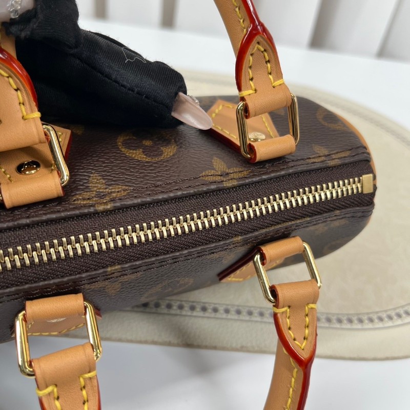 zzz LV路易威登  Speedy Nano 經典老花可拆卸可調節肩帶 棕色帆布塗層拼牛皮飾邊 枕頭包單肩斜挎手提包-18