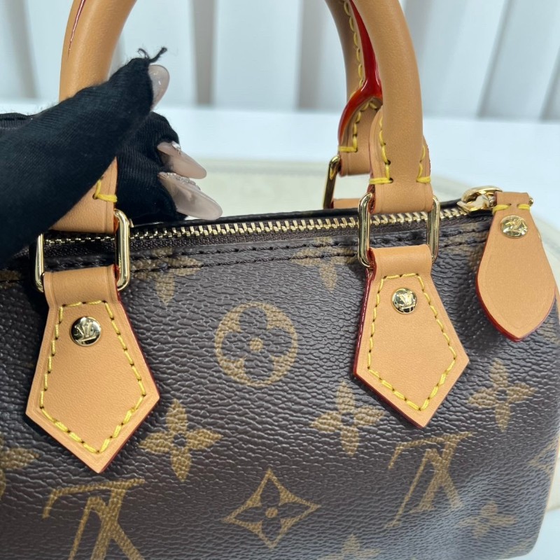 zzz LV路易威登  Speedy Nano 經典老花可拆卸可調節肩帶 棕色帆布塗層拼牛皮飾邊 枕頭包單肩斜挎手提包-20