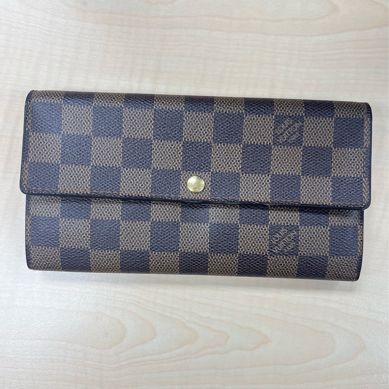 LOUIS VUITTON LV 路易威登 Damier Ebene棕色 金釦下蓋棋盤格 帆布-0
