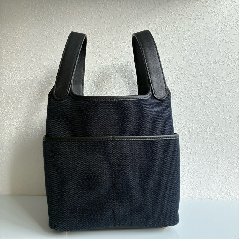 Hermes U刻Picotin Lock cargo 18深藍色帆布金釦菜籃子-6
