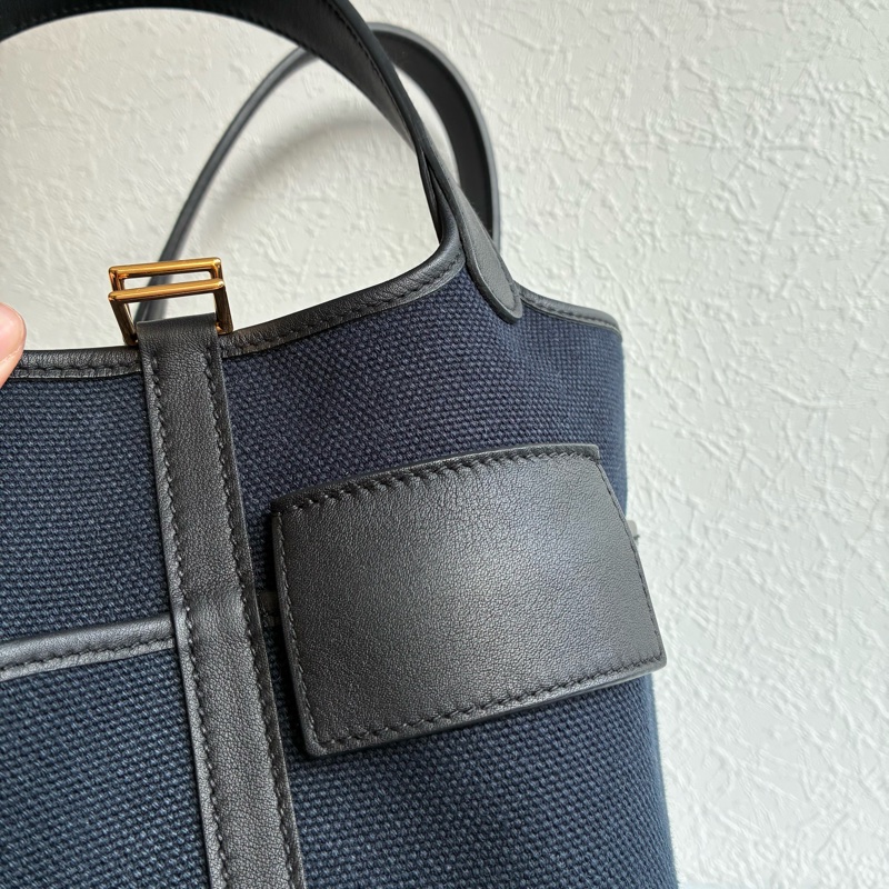 Hermes U刻Picotin Lock cargo 18深藍色帆布金釦菜籃子-7