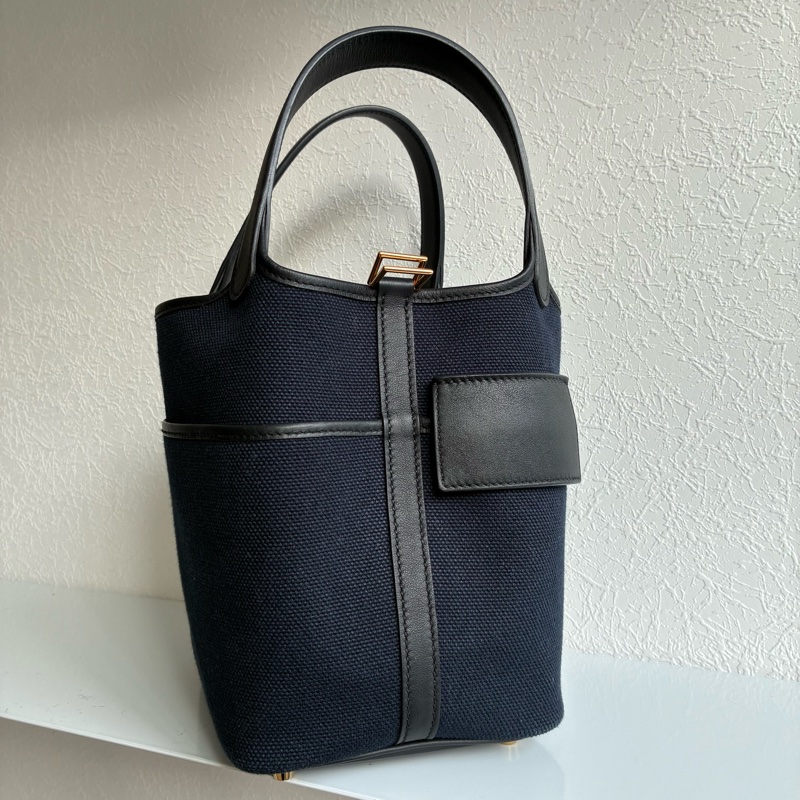 Hermes U刻Picotin Lock cargo 18深藍色帆布金釦菜籃子-8