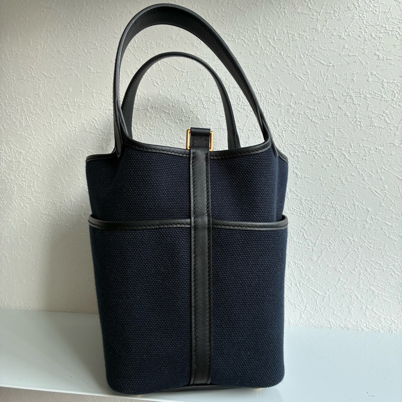 Hermes U刻Picotin Lock cargo 18深藍色帆布金釦菜籃子-9