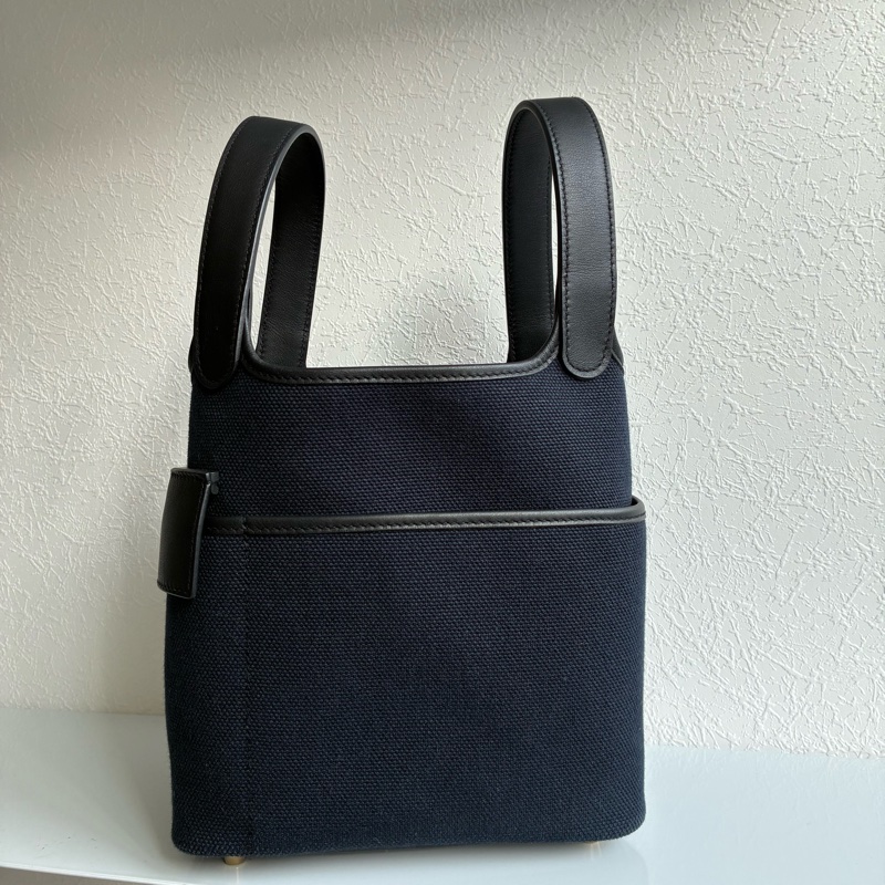 Hermes U刻Picotin Lock cargo 18深藍色帆布金釦菜籃子-10