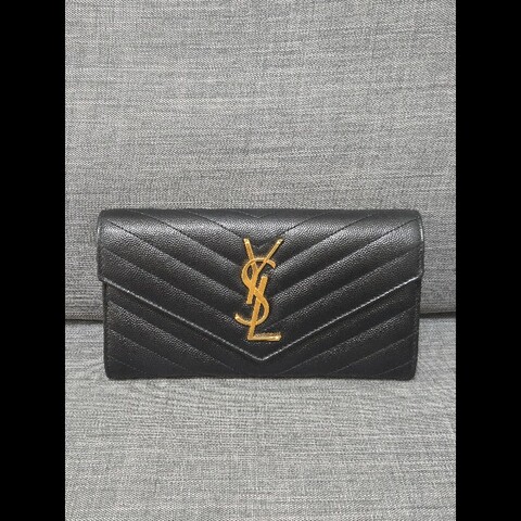 Ysl 聖羅蘭 黑色魚子醬牛皮 金色logo 掀蓋長夾