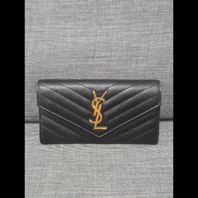 Ysl 聖羅蘭 黑色魚子醬牛皮 金色logo 掀蓋長夾-0