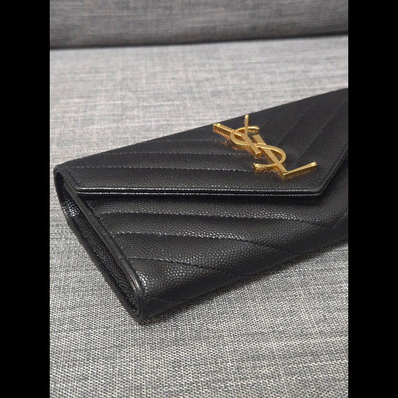 Ysl 聖羅蘭 黑色魚子醬牛皮 金色logo 掀蓋長夾-3